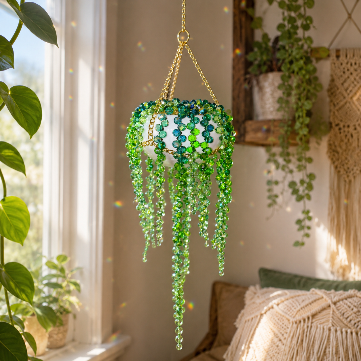 Green Beaded Sun Catcher Hanging Decor – Handmade Crystal Window Ornament, Boho Room Decor Gift