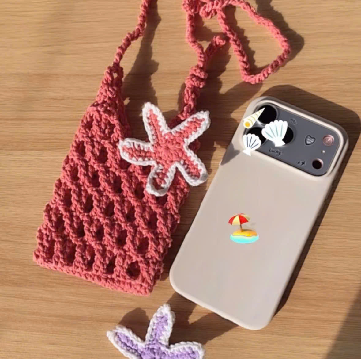 Handmade Crochet Phone Bag with Starfish Charm  Mini Crossbody Pouch
