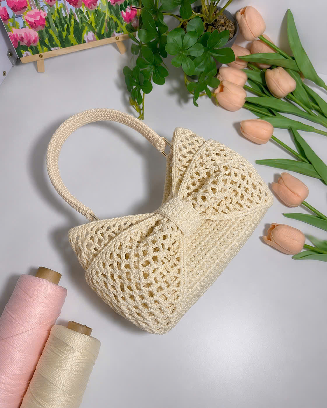 Handmade Crochet Bow Bag  Cute Knitted Mini Handbag