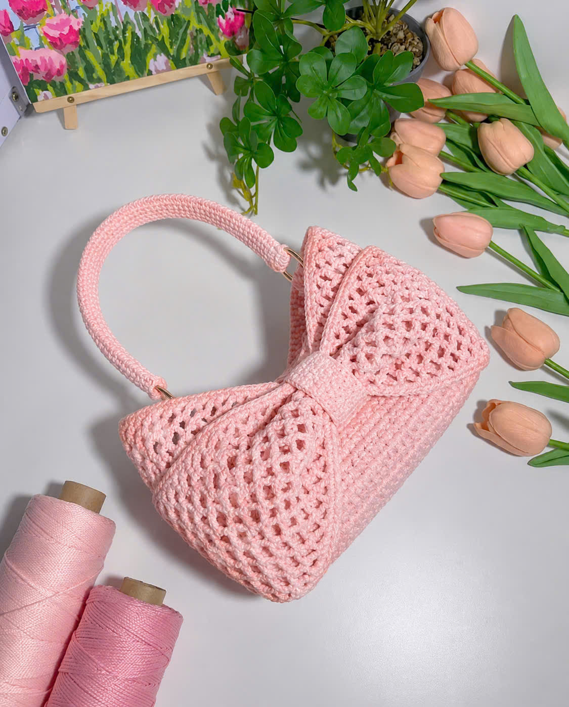 Handmade Crochet Bow Bag  Cute Knitted Mini Handbag