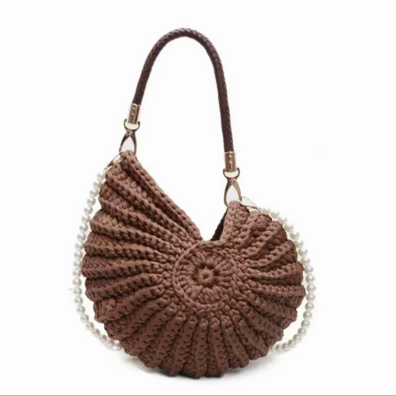 Handmade Crochet Shell Bag with Pearl Strap