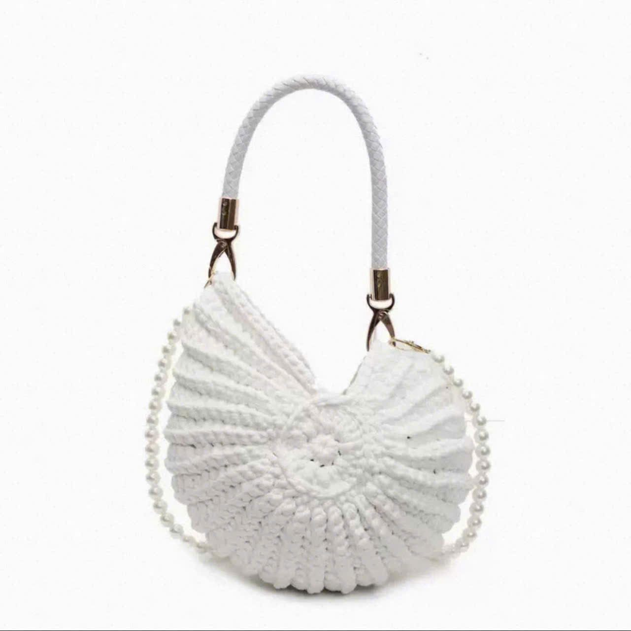 Handmade Crochet Shell Bag with Pearl Strap