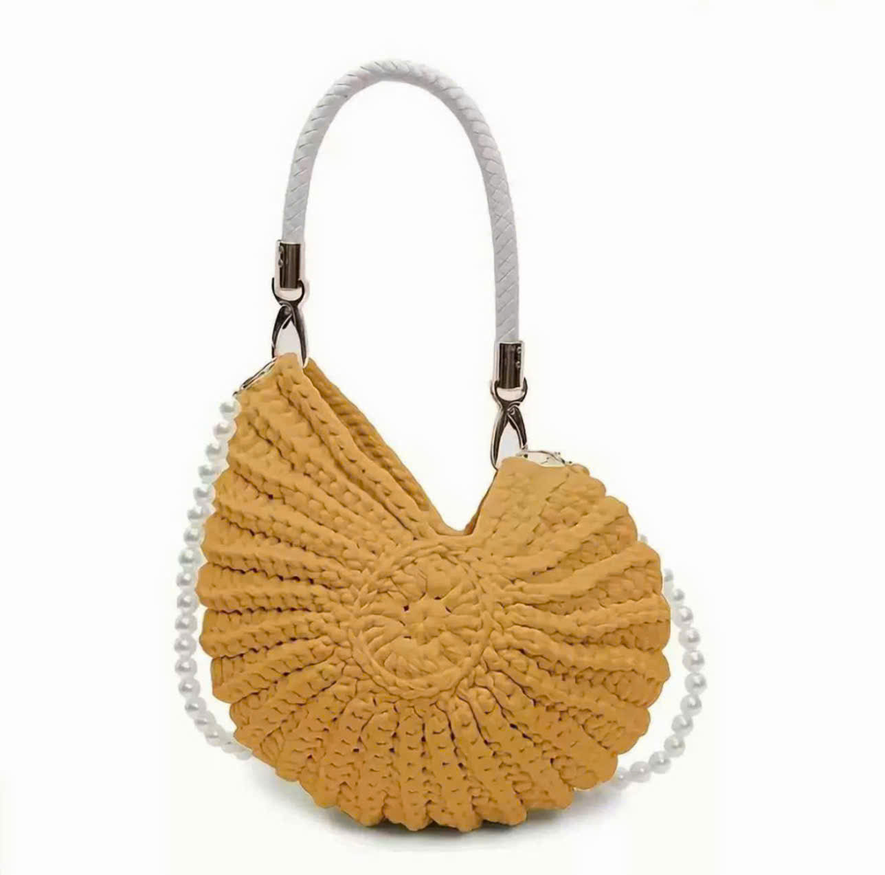 Handmade Crochet Shell Bag with Pearl Strap