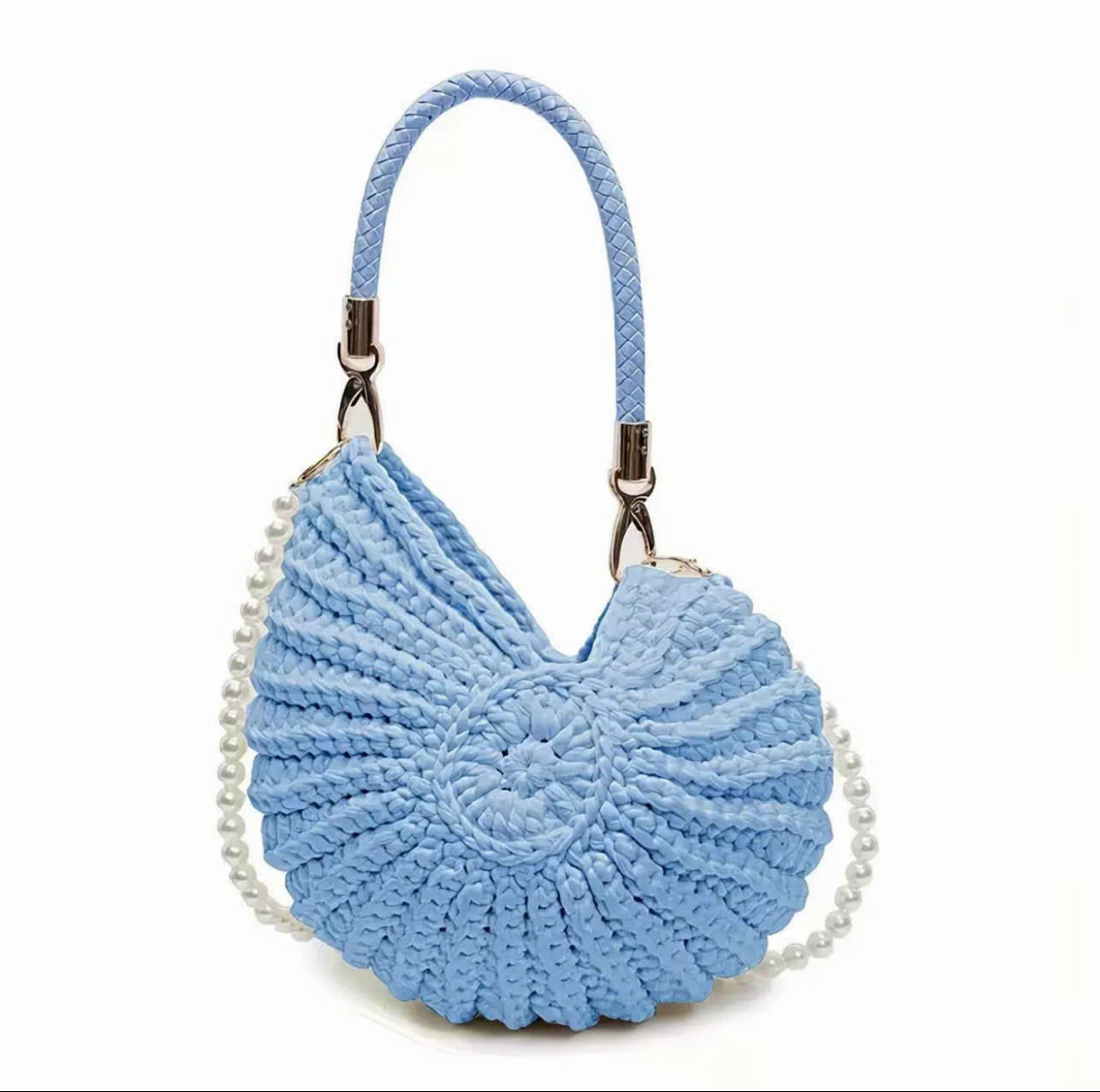 Handmade Crochet Shell Bag with Pearl Strap