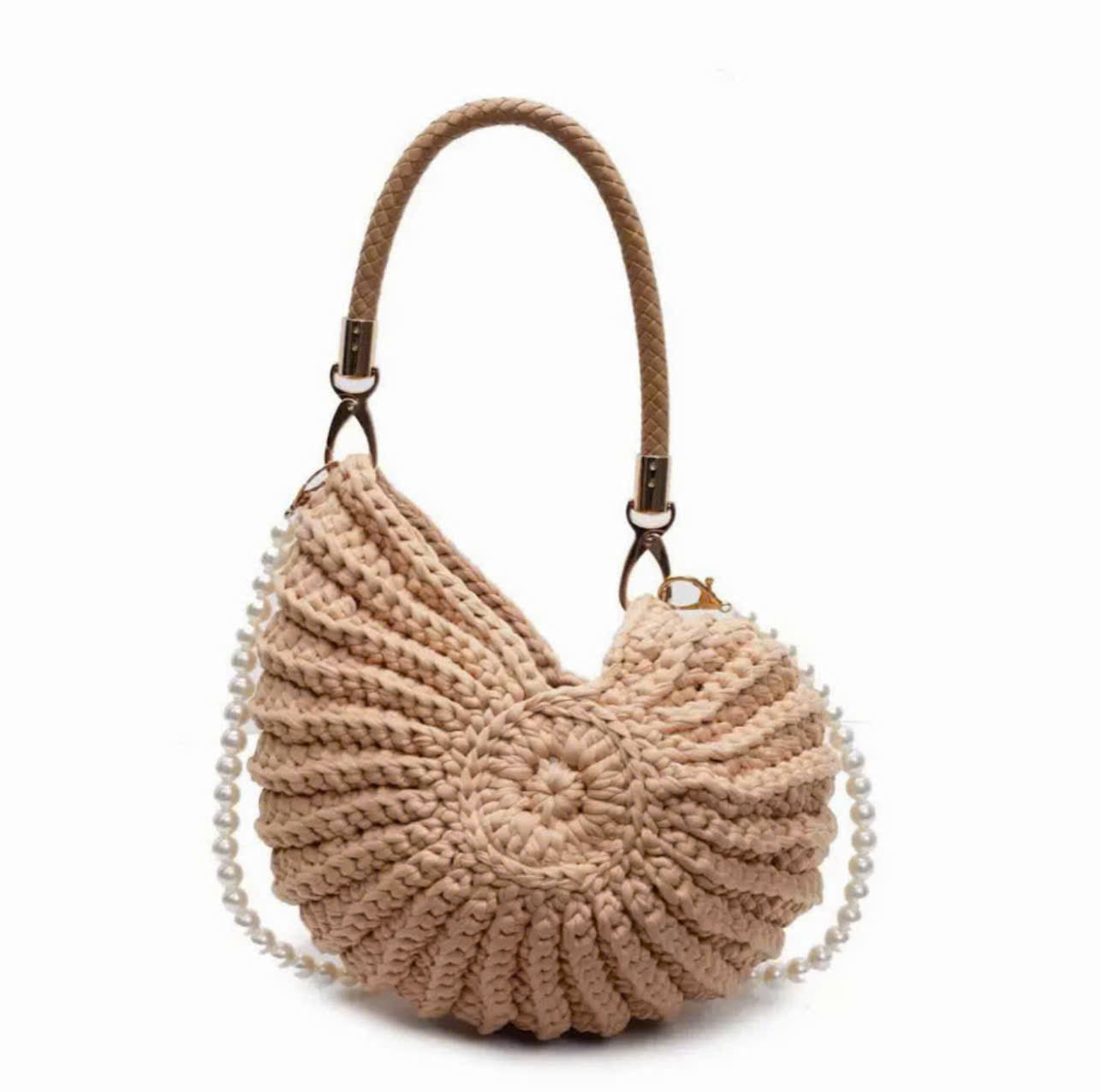 Handmade Crochet Shell Bag with Pearl Strap