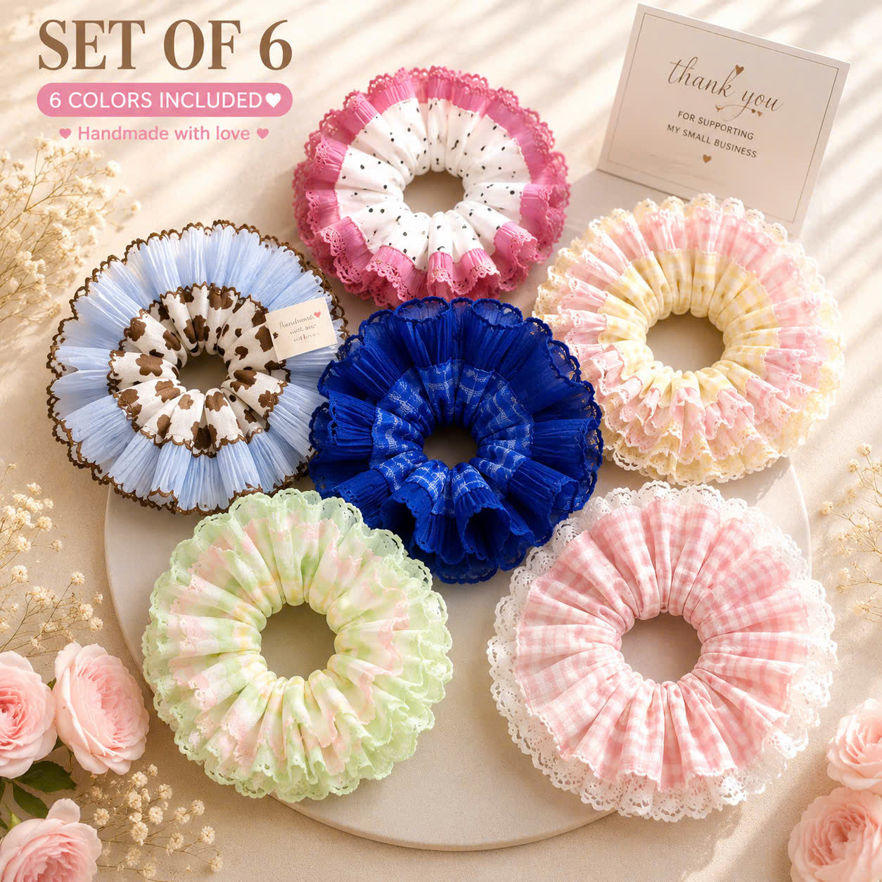 Handmade 6-Pack Oversized Ruffle Scrunchies – 6 Assorted Colors | Boutique Hair Accessories for Women
