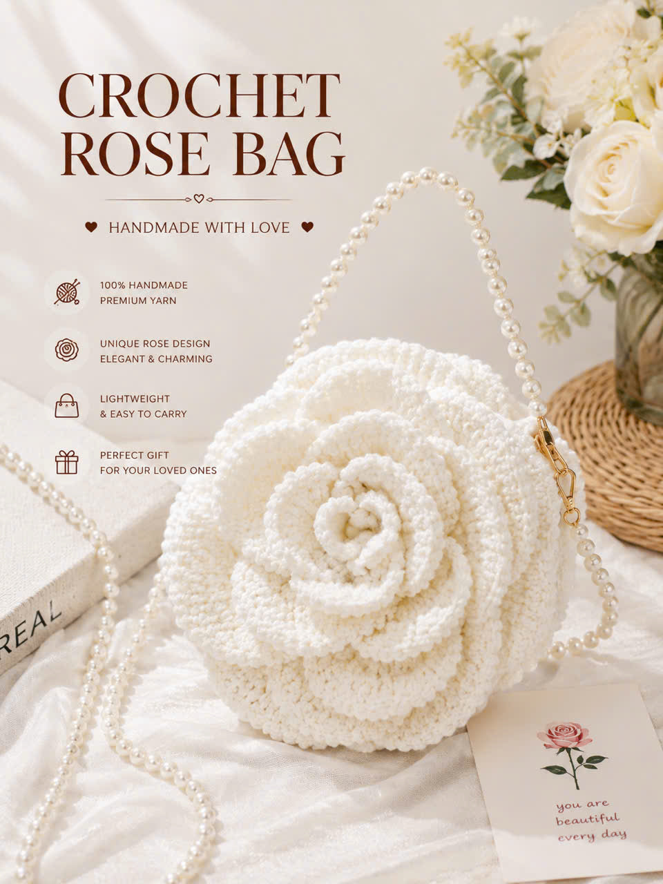 Handmade Crochet Rose Bag  Elegant Floral Purse with Pearl Strap, Unique Gift for Women