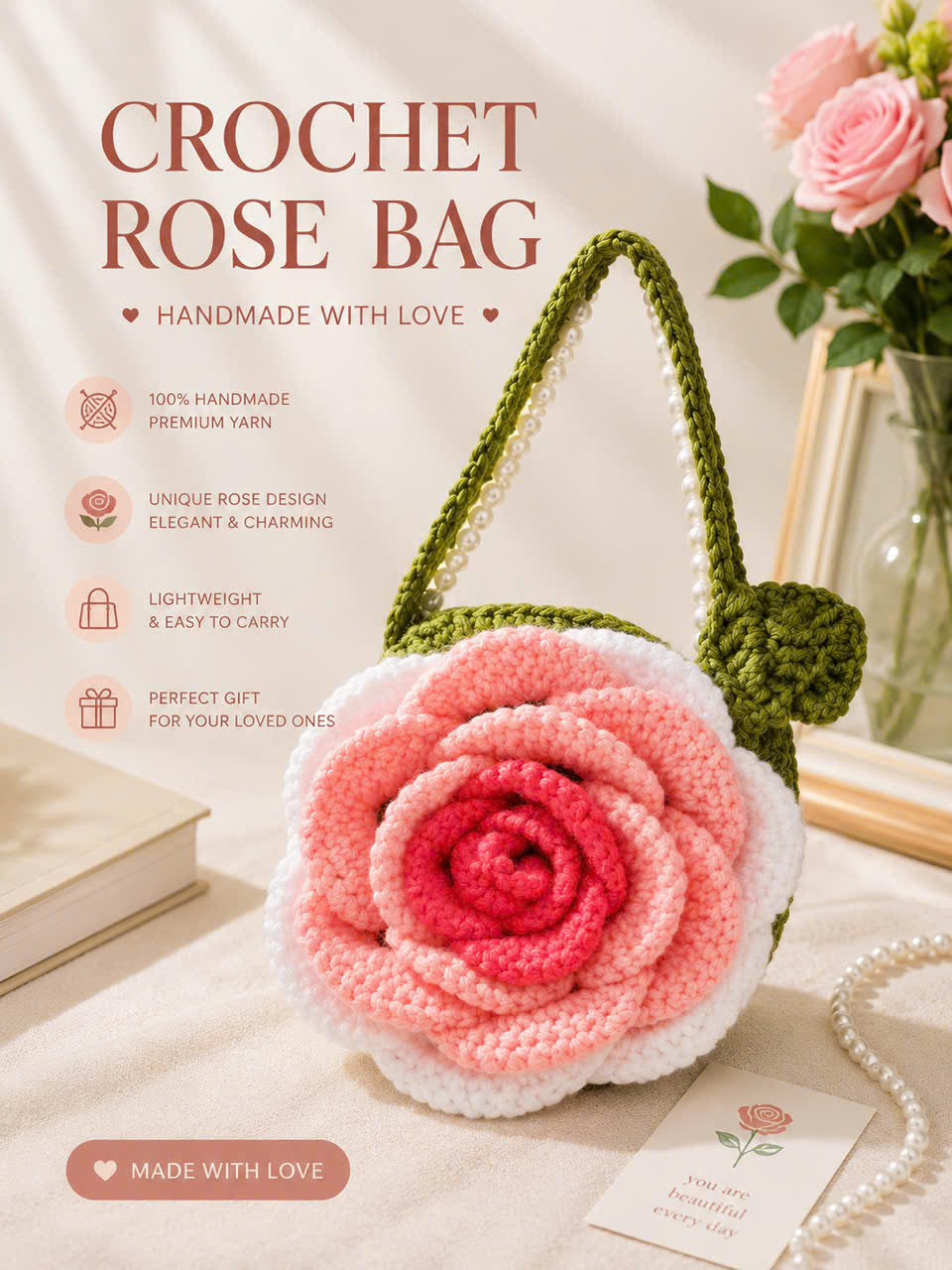 Handmade Crochet Rose Bag  Elegant Floral Purse with Pearl Strap, Unique Gift for Women