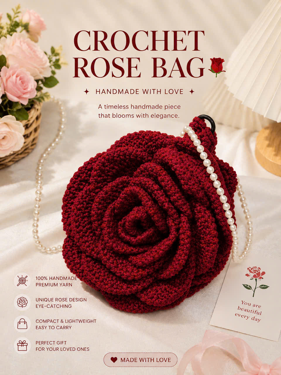 Handmade Crochet Rose Bag  Elegant Floral Purse with Pearl Strap, Unique Gift for Women