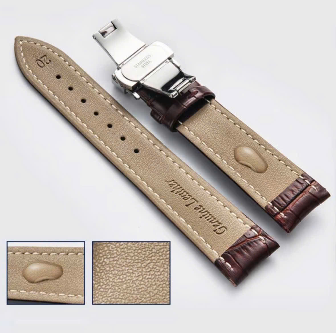 Handmade Genuine Cow Leather Watch Band – Premium Full Grain Leather Replacement Strap with Butterfly Clasp | 18mm 20mm 22mm 24mm