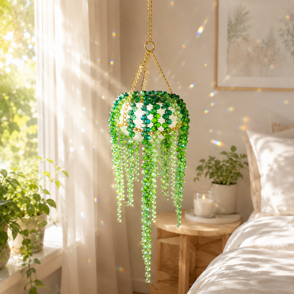 Green Beaded Sun Catcher Hanging Decor – Handmade Crystal Window Ornament, Boho Room Decor Gift