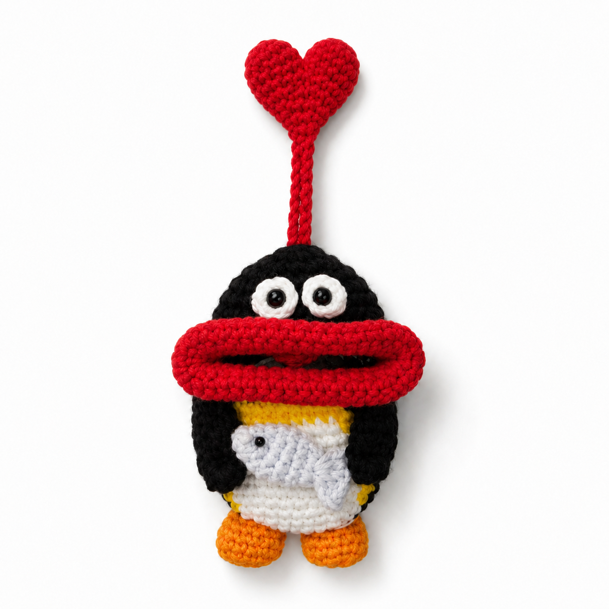 Handmade Crochet Penguin Car Key Cover  Cute Key Fob Case with Red Heart Charm