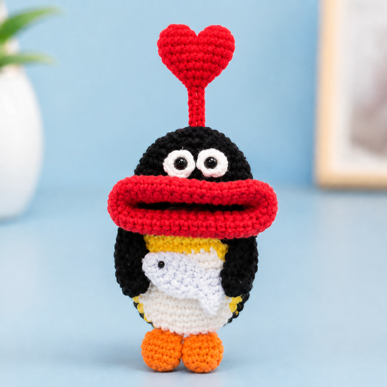 Handmade Crochet Penguin Car Key Cover  Cute Key Fob Case with Red Heart Charm