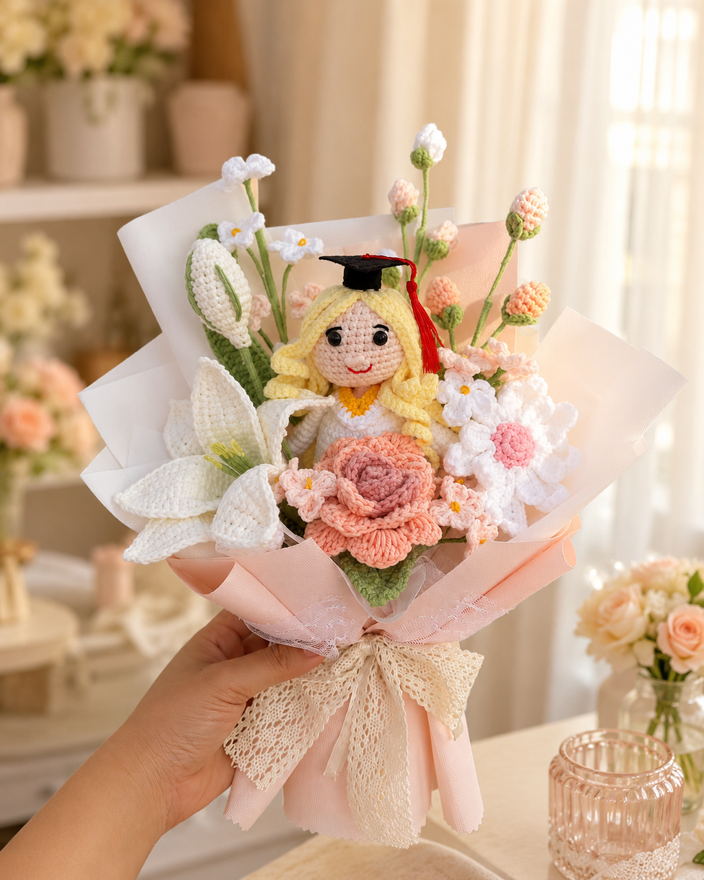 Handmade Crochet Graduation Bouquet with Doll – Cute Graduation Gift for Her, Crochet Flower Bouquet, Keepsake Graduation Present