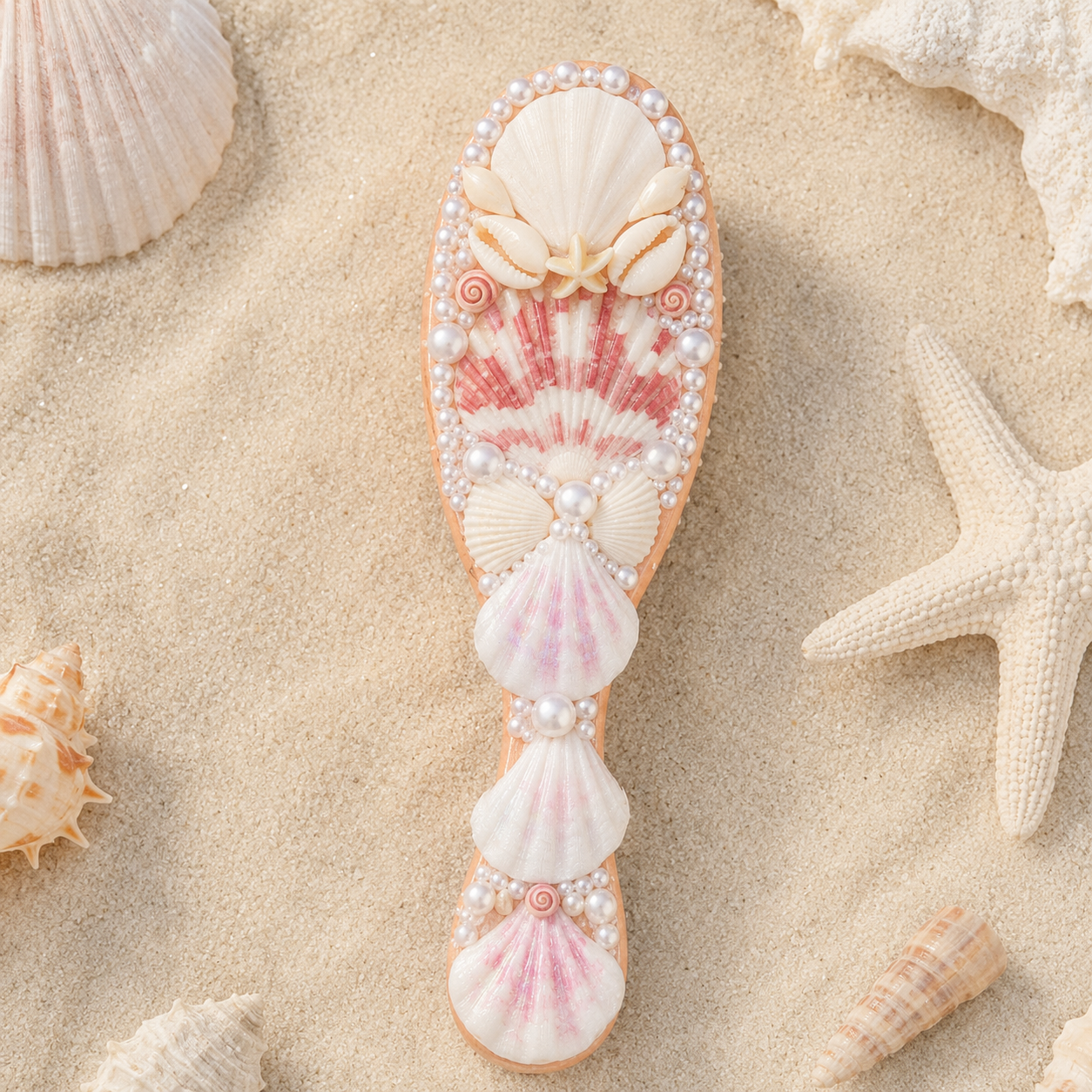 Handmade Seashell Pearl Hair Brush & Compact Mirror Set  Mermaid Gift Set for Women & Girls