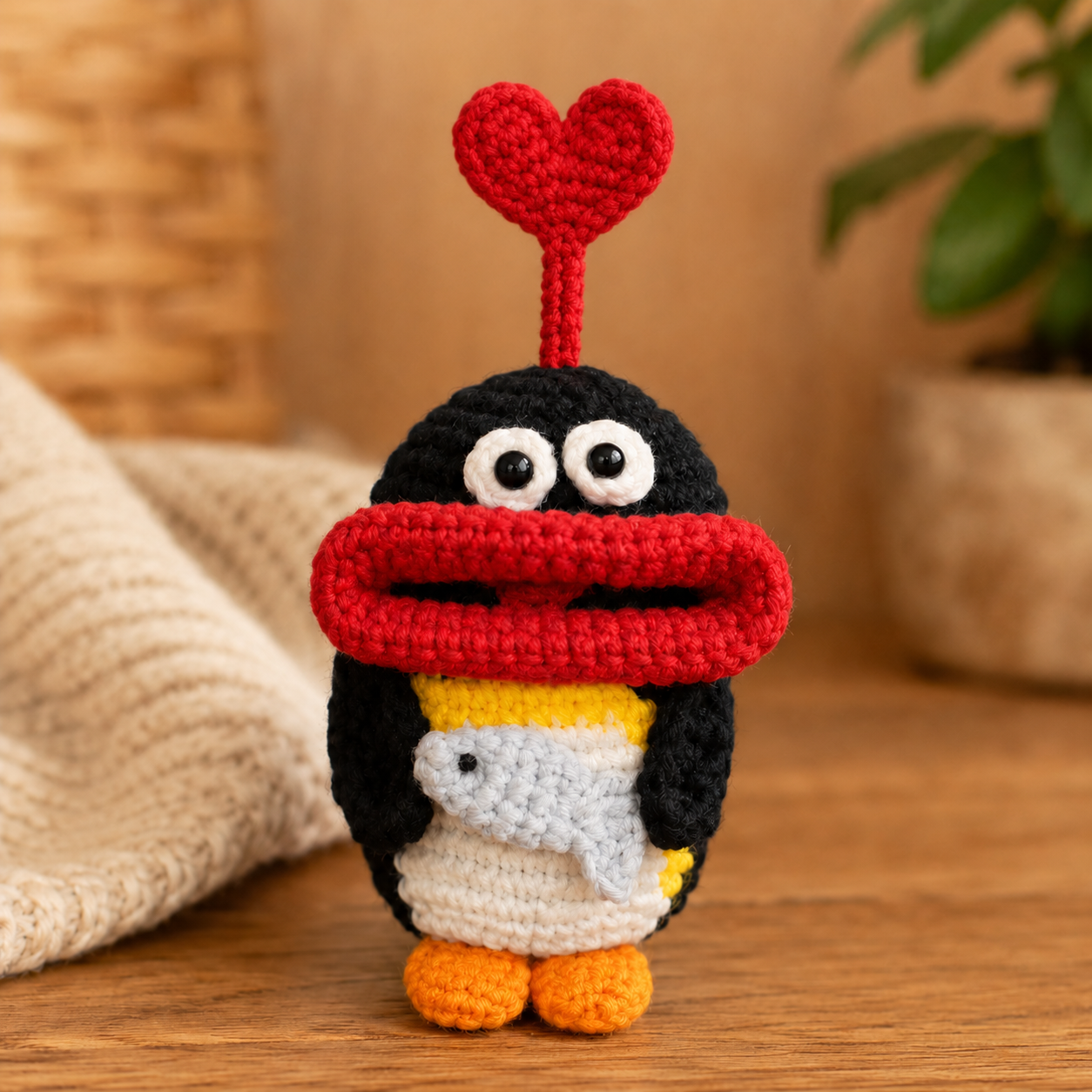 Handmade Crochet Penguin Car Key Cover  Cute Key Fob Case with Red Heart Charm