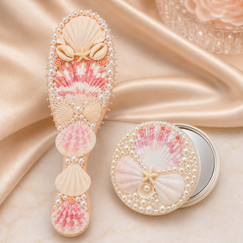 Handmade Seashell Pearl Hair Brush & Compact Mirror Set  Mermaid Gift Set for Women & Girls