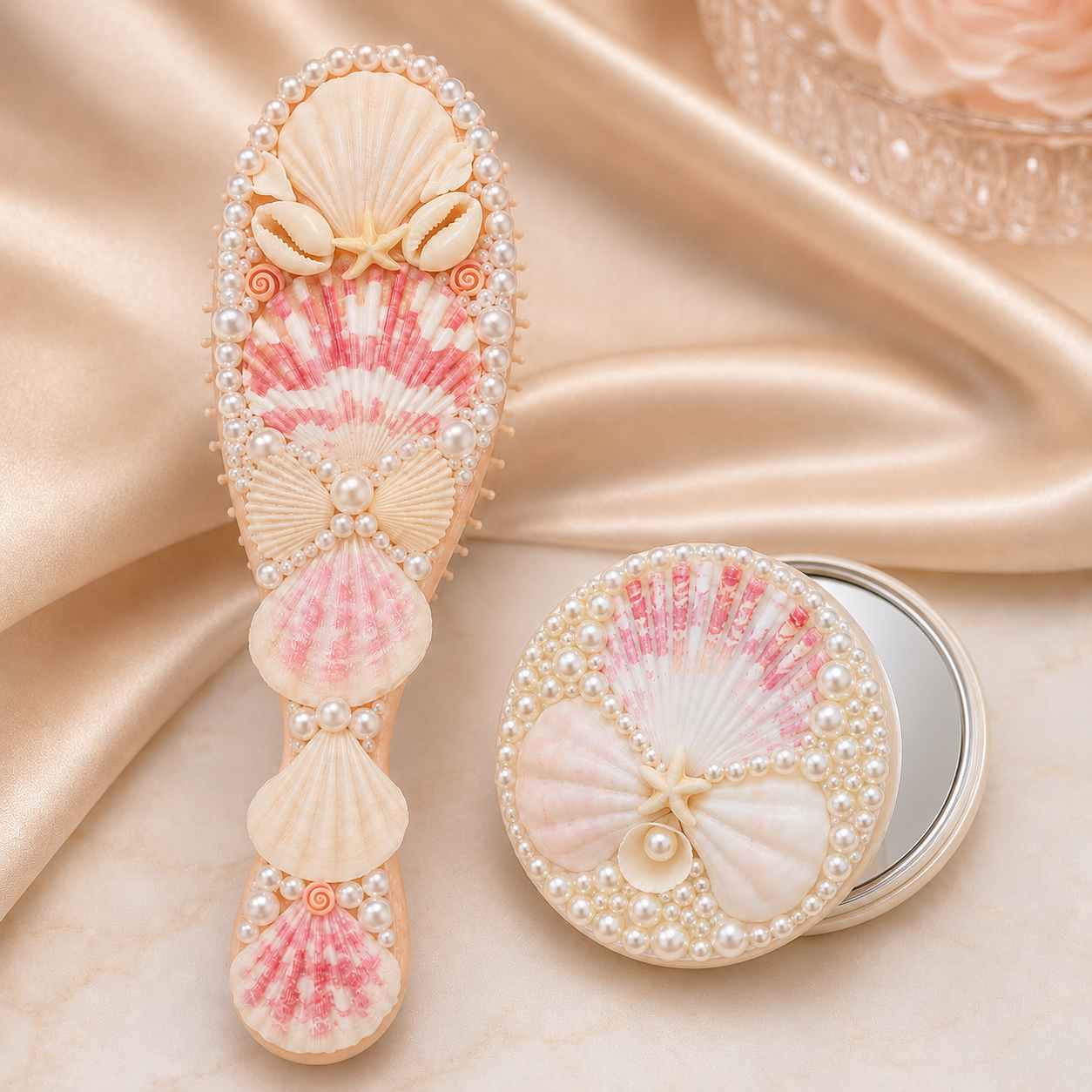 Handmade Seashell Pearl Hair Brush & Compact Mirror Set  Mermaid Gift Set for Women & Girls