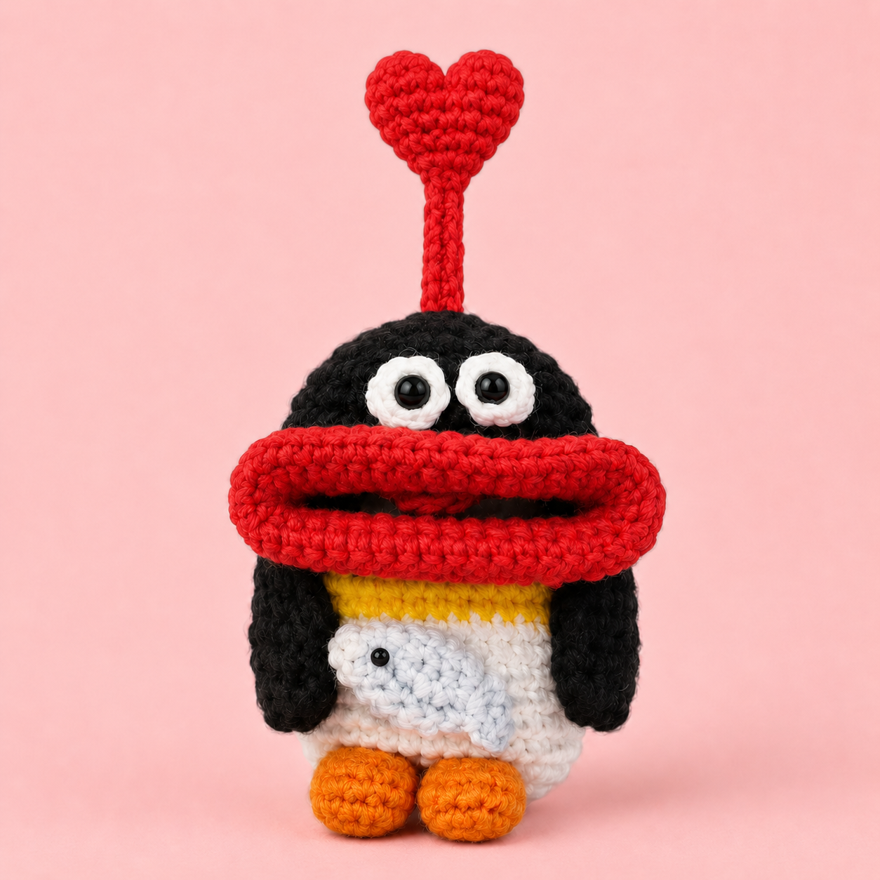 Handmade Crochet Penguin Car Key Cover  Cute Key Fob Case with Red Heart Charm