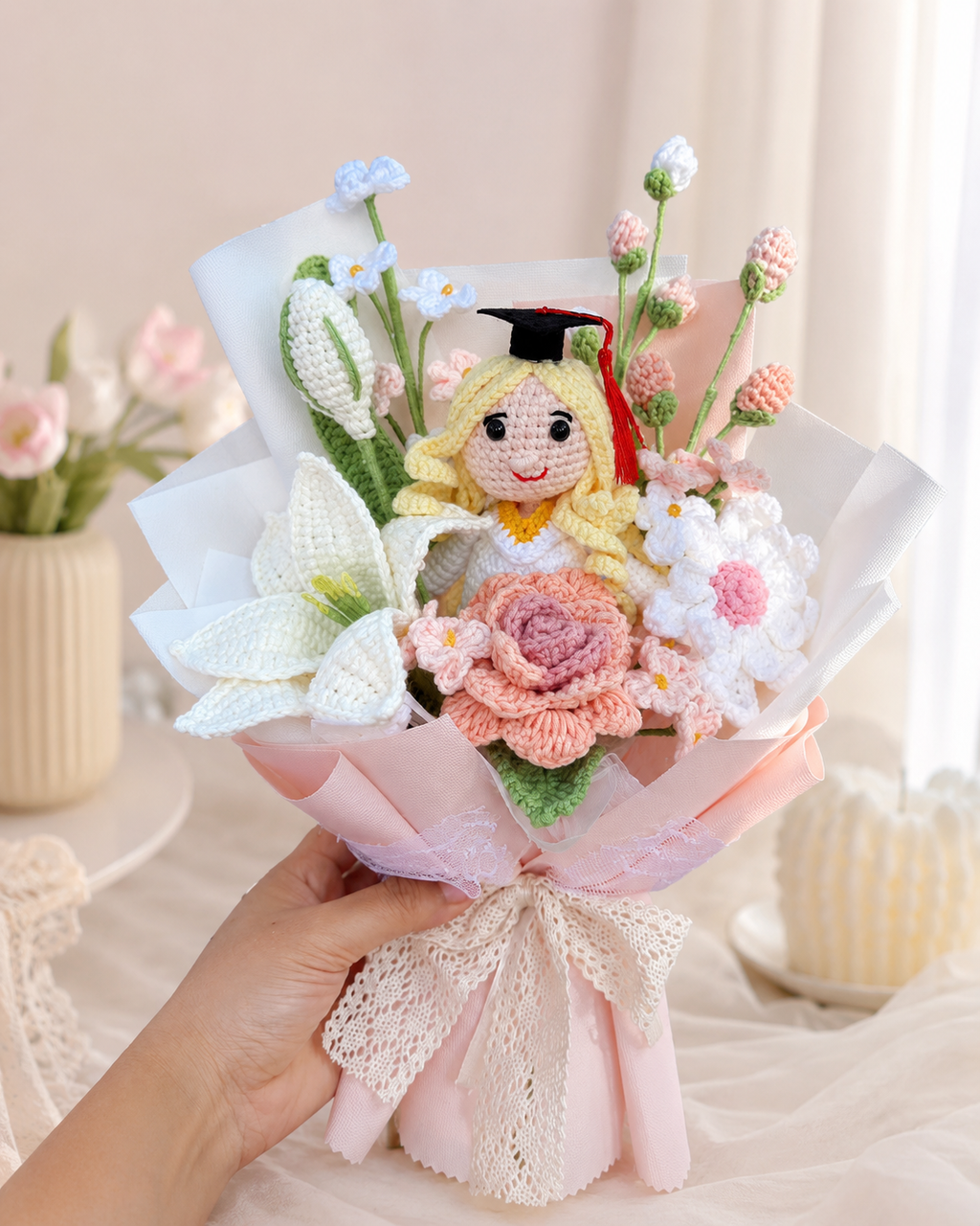 Handmade Crochet Graduation Bouquet with Doll – Cute Graduation Gift for Her, Crochet Flower Bouquet, Keepsake Graduation Present