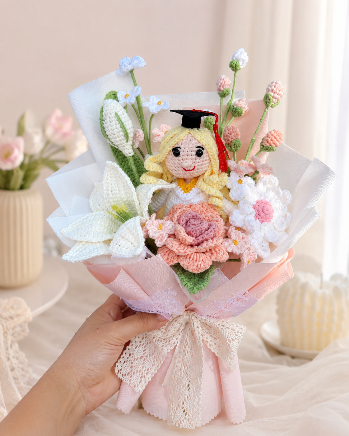 Handmade Crochet Graduation Bouquet with Doll – Cute Graduation Gift for Her, Crochet Flower Bouquet, Keepsake Graduation Present