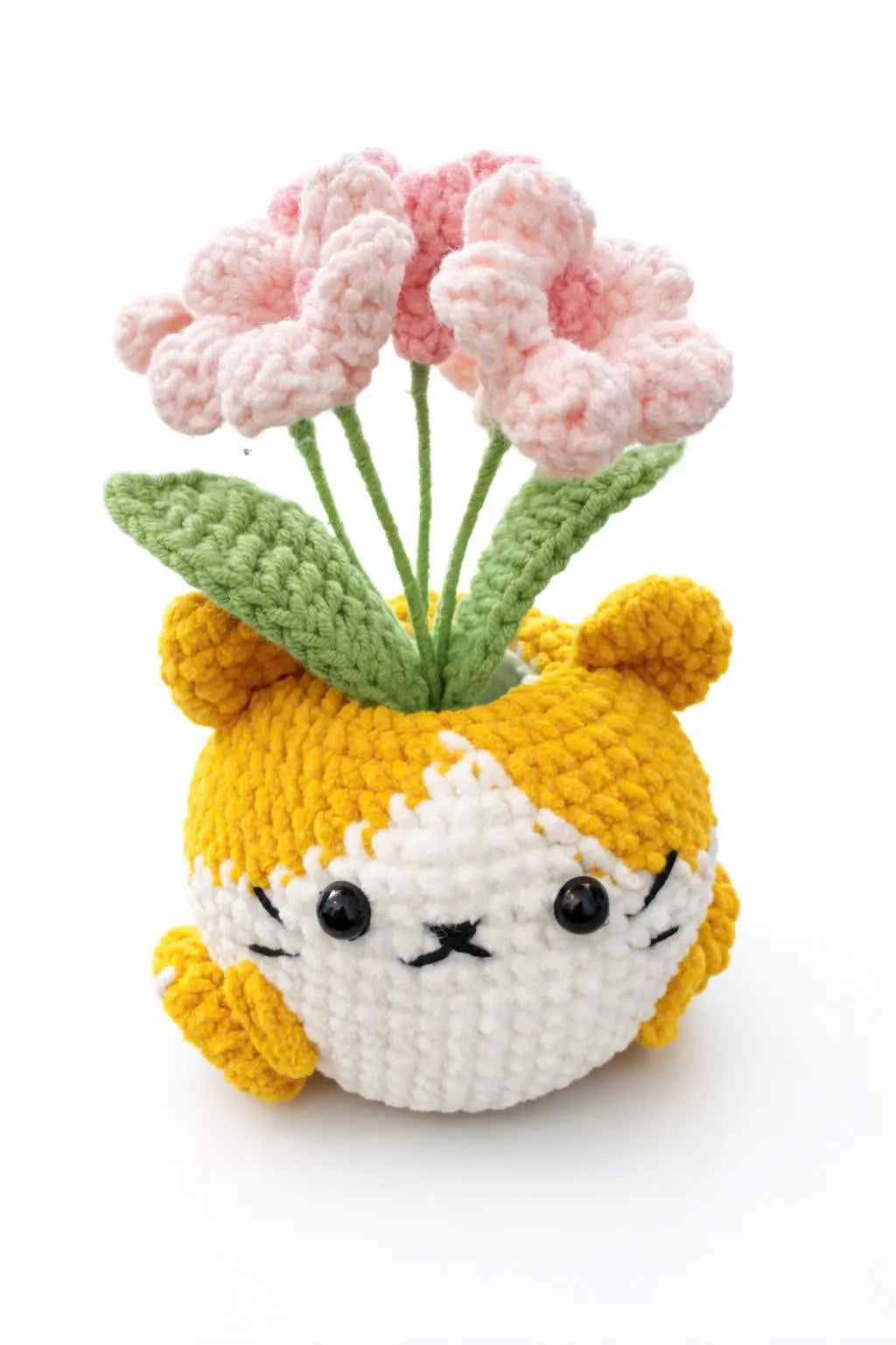 Handmade Crochet Cat Flower Pot – Cute Cat Planter Amigurumi with Pink Flowers, Cat Lover Gift, Desk Decor