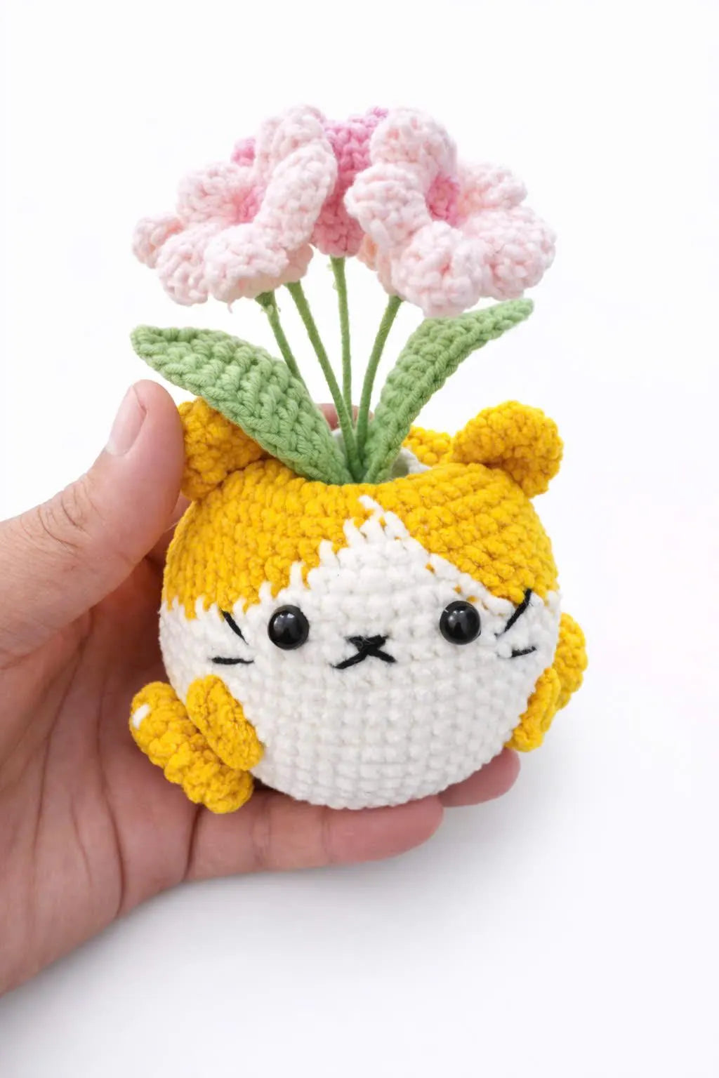 Handmade Crochet Cat Flower Pot – Cute Cat Planter Amigurumi with Pink Flowers, Cat Lover Gift, Desk Decor