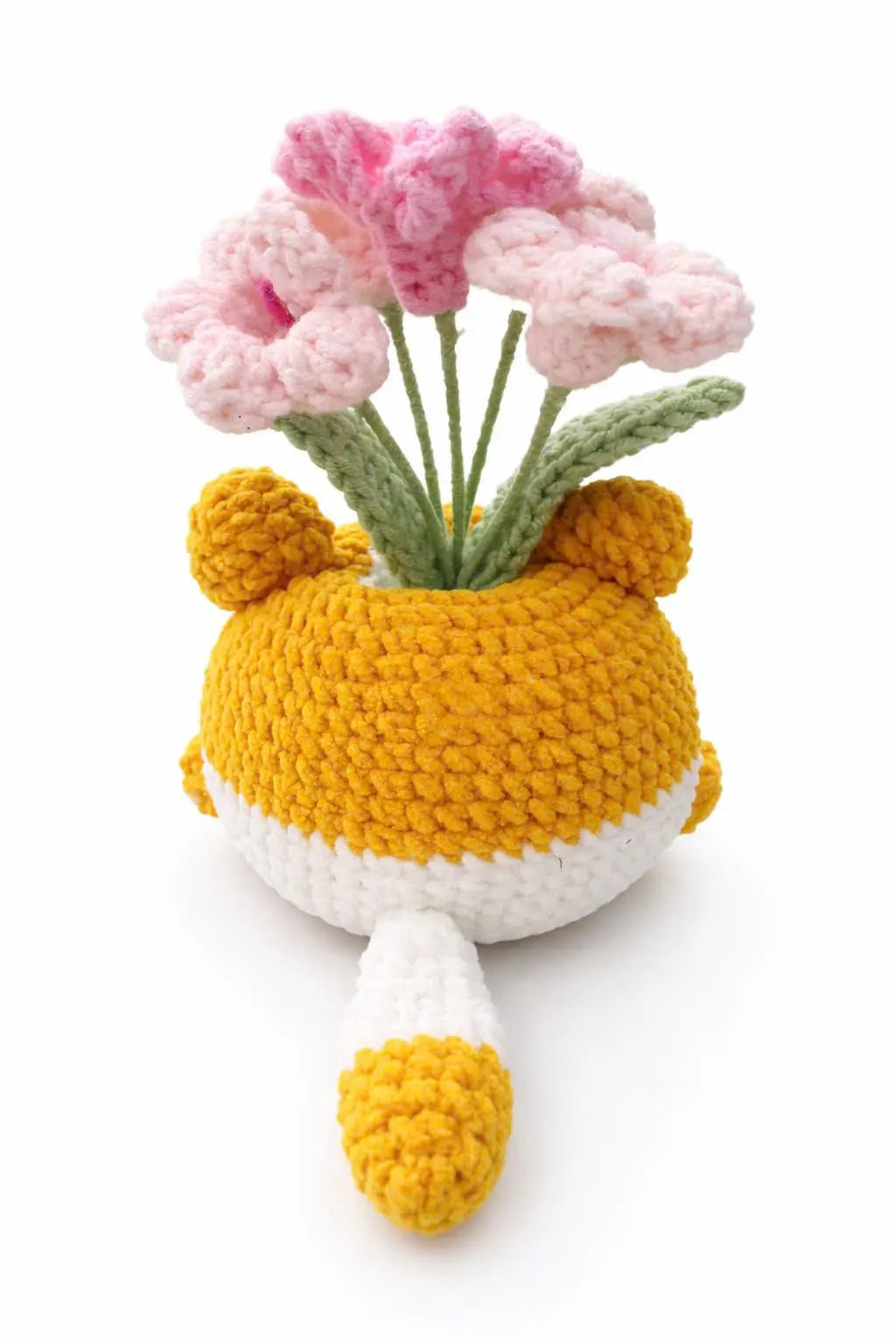 Handmade Crochet Cat Flower Pot – Cute Cat Planter Amigurumi with Pink Flowers, Cat Lover Gift, Desk Decor