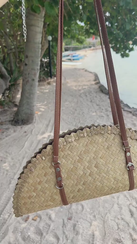 Handwoven Half-Moon Straw Bag  Artisan Summer Shoulder Bag with Black or White Straps