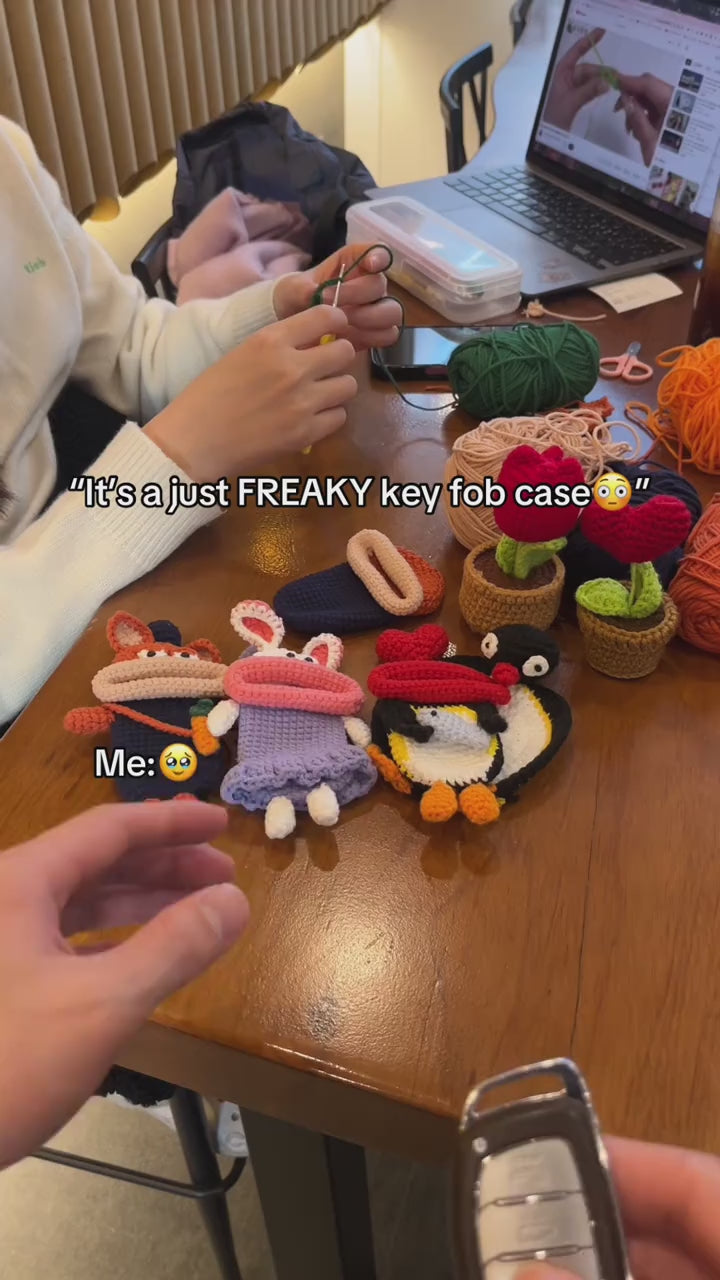 Handmade Crochet Penguin Car Key Cover  Cute Key Fob Case with Red Heart Charm