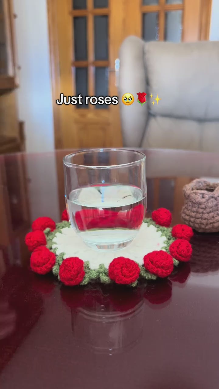 Handmade Crochet Rose Cup Coaster Set – Beautiful Red Flower Table Decor Gift