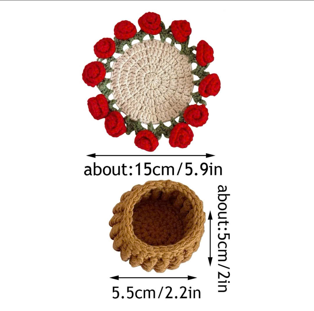 Handmade Crochet Rose Cup Coaster Set – Beautiful Red Flower Table Decor Gift