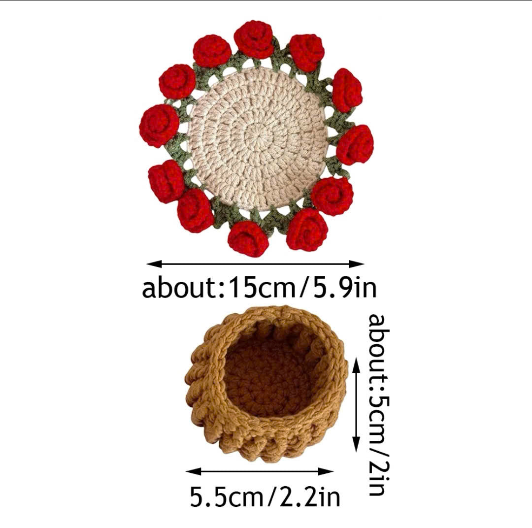 Handmade Crochet Rose Cup Coaster Set – Beautiful Red Flower Table Decor Gift