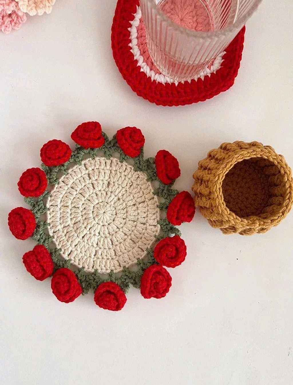Handmade Crochet Rose Cup Coaster Set – Beautiful Red Flower Table Decor Gift