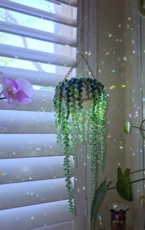 Green Beaded Sun Catcher Hanging Decor – Handmade Crystal Window Ornament, Boho Room Decor Gift