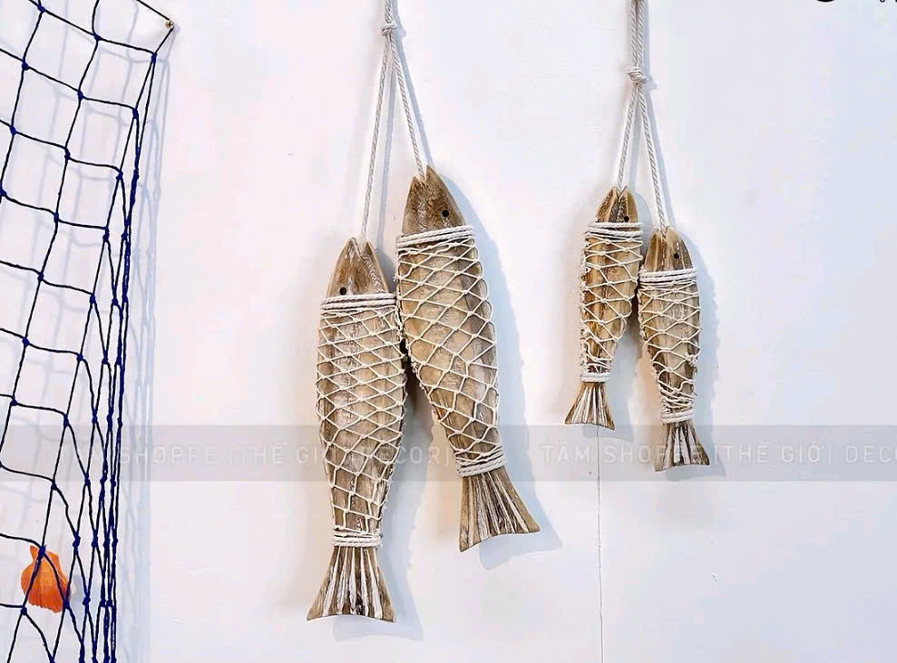 Handmade Wooden Fish Wall Decor  Rustic Fish Ornament with Real Net Wrap