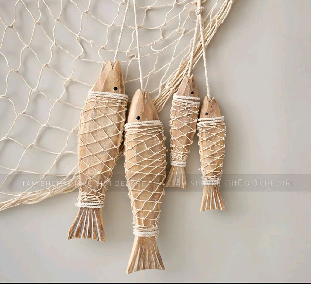 Handmade Wooden Fish Wall Decor  Rustic Fish Ornament with Real Net Wrap
