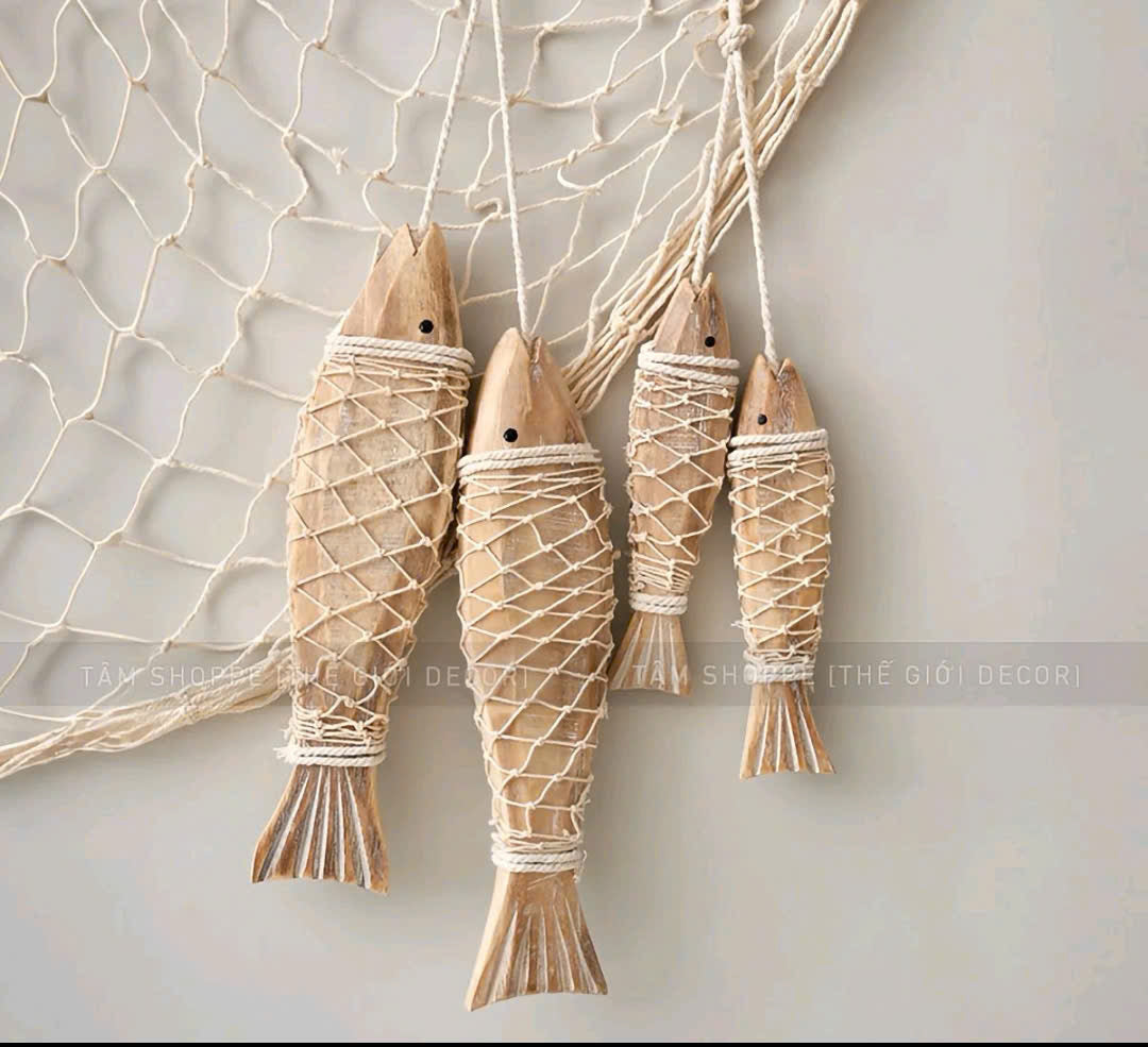 Handmade Wooden Fish Wall Decor  Rustic Fish Ornament with Real Net Wrap