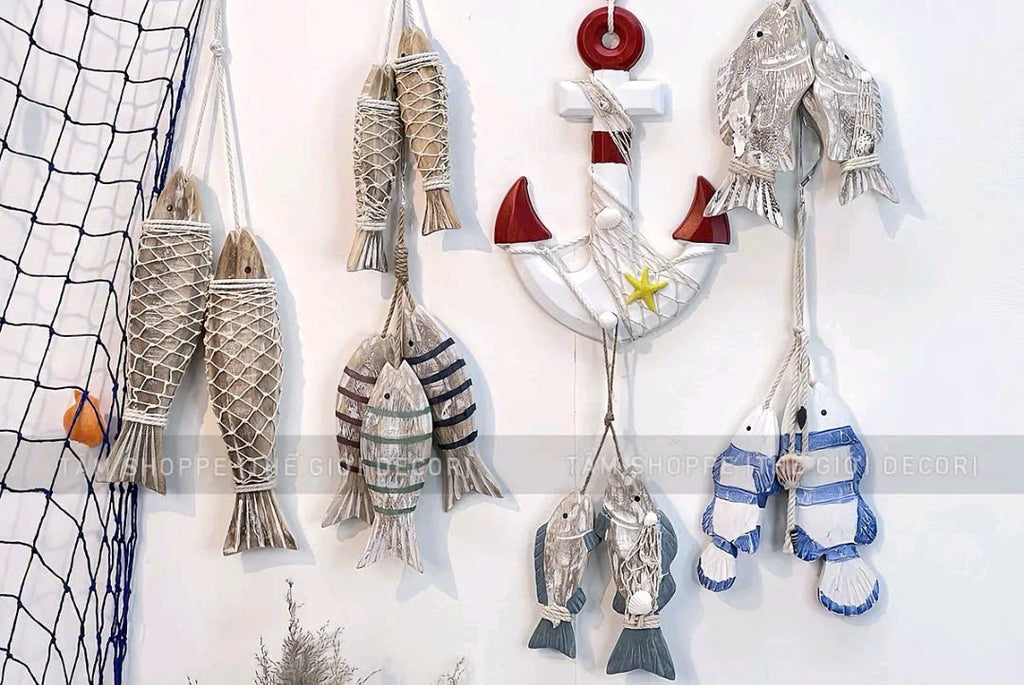 Handmade Wooden Fish Wall Decor  Rustic Fish Ornament with Real Net Wrap