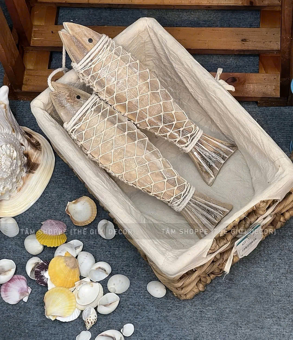Handmade Wooden Fish Wall Decor  Rustic Fish Ornament with Real Net Wrap