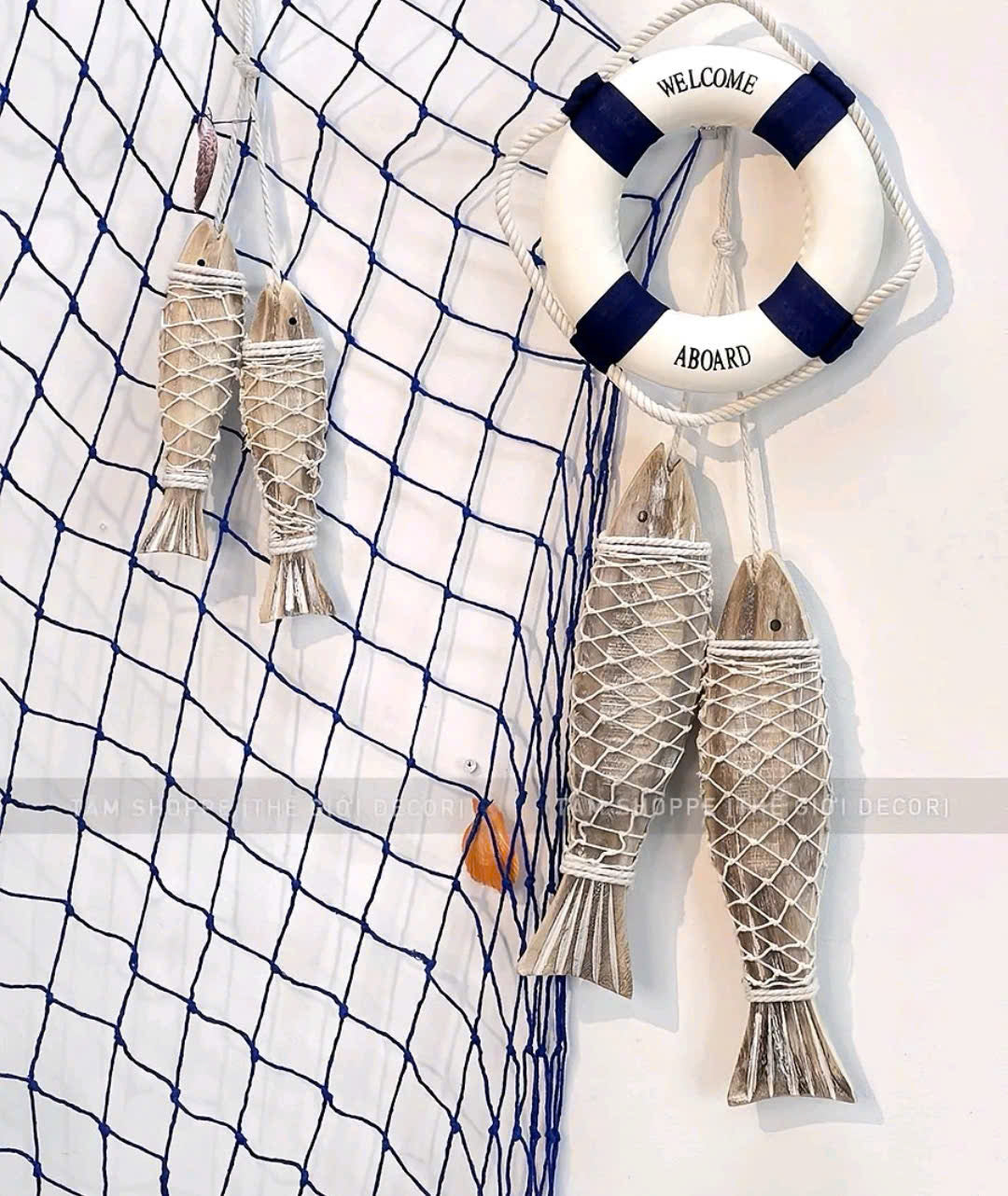 Handmade Wooden Fish Wall Decor  Rustic Fish Ornament with Real Net Wrap