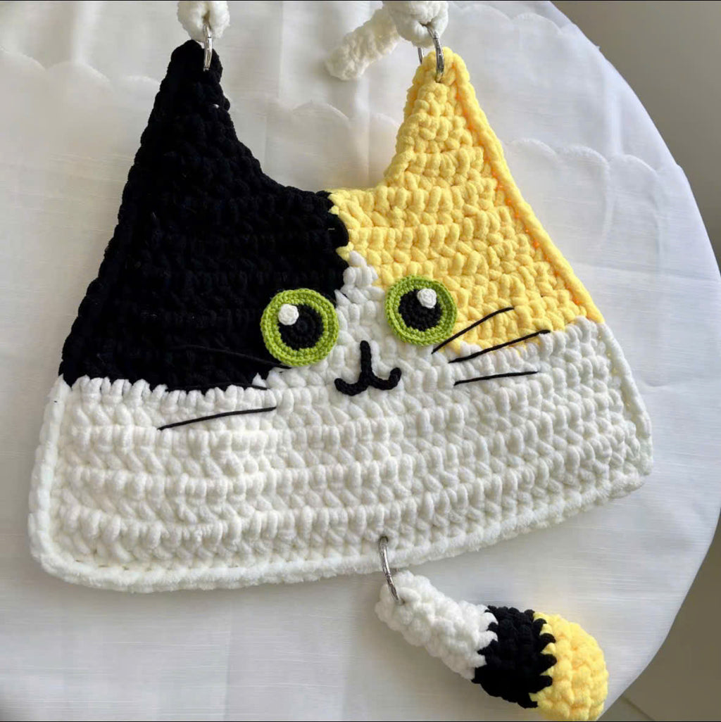 Handmade Crochet Cat Shoulder Bag – Cute Plush Kitty Crossbody Bag