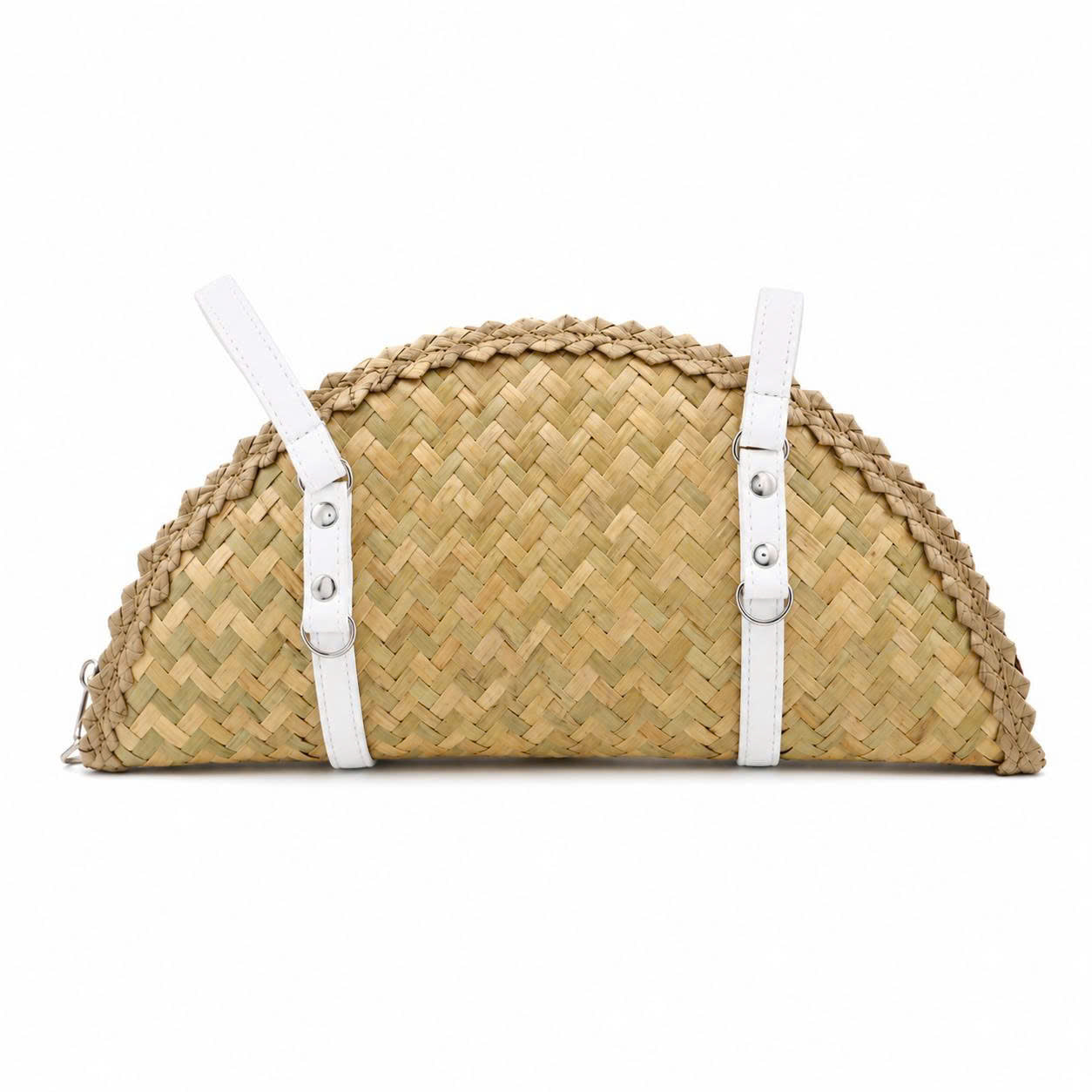 Handwoven Half-Moon Straw Bag  Artisan Summer Shoulder Bag with Black or White Straps