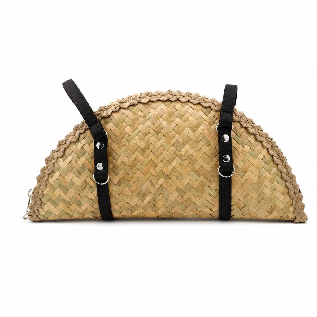 Handwoven Half-Moon Straw Bag  Artisan Summer Shoulder Bag with Black or White Straps