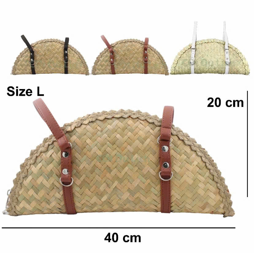 Handwoven Half-Moon Straw Bag  Artisan Summer Shoulder Bag with Black or White Straps