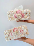 Handmade Seashell Tissue Box Cover  Coastal Pearl Decor with Starfish & Pink Shells