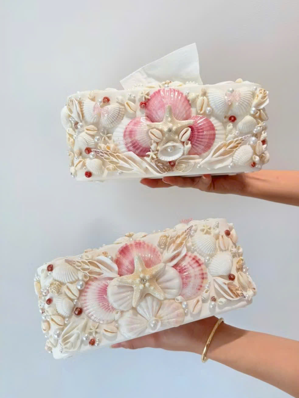 Handmade Seashell Tissue Box Cover  Coastal Pearl Decor with Starfish & Pink Shells