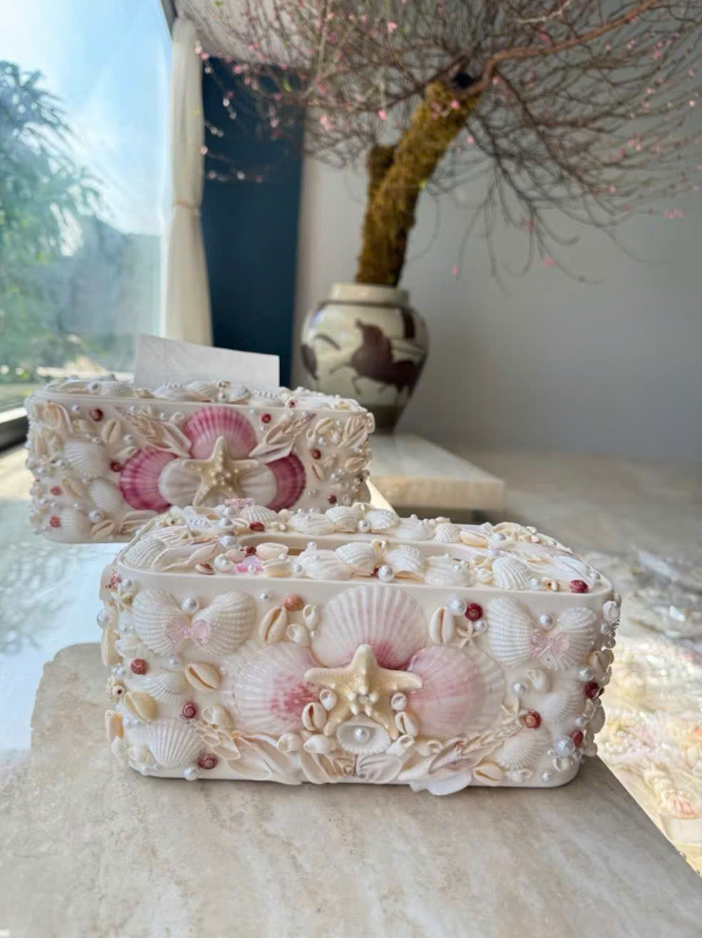 Handmade Seashell Tissue Box Cover  Coastal Pearl Decor with Starfish & Pink Shells