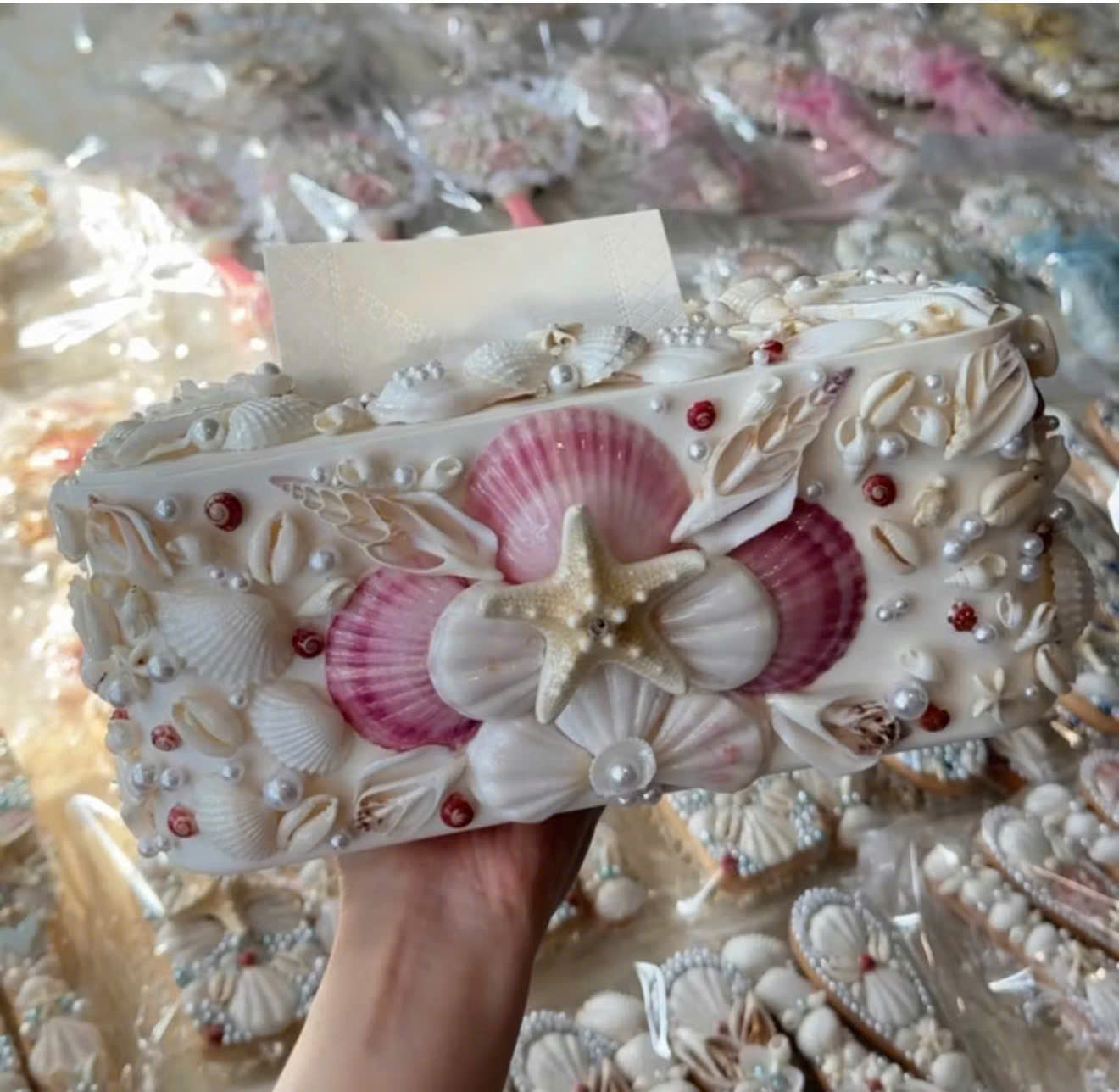 Handmade Seashell Tissue Box Cover  Coastal Pearl Decor with Starfish & Pink Shells
