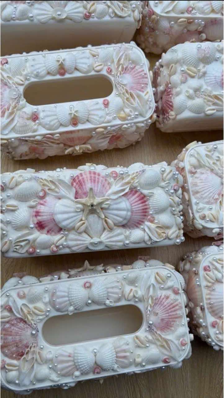 Handmade Seashell Tissue Box Cover  Coastal Pearl Decor with Starfish & Pink Shells